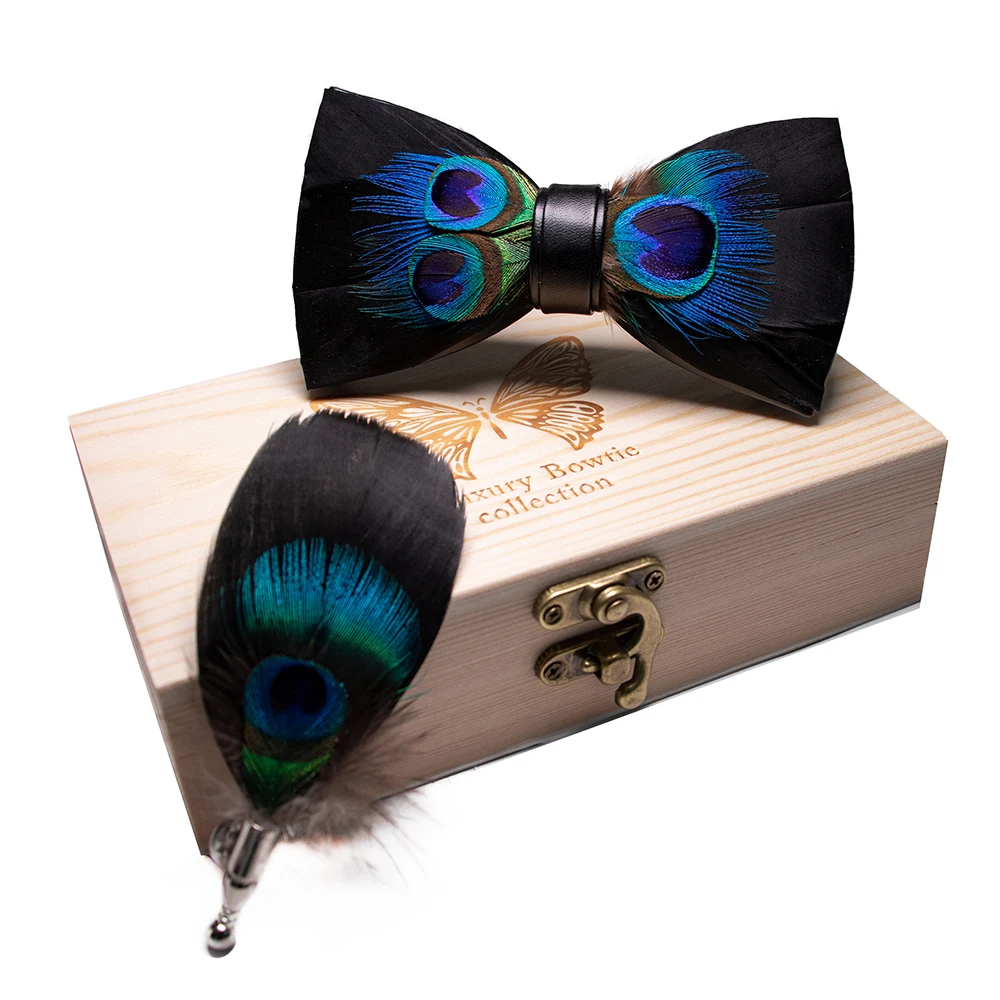 JEMYGINS Original New Design Bow Tie Natural Feather Exquisite Hand Made Men Luxury Bow Tie Wooden Gift Box Set Wedding Party