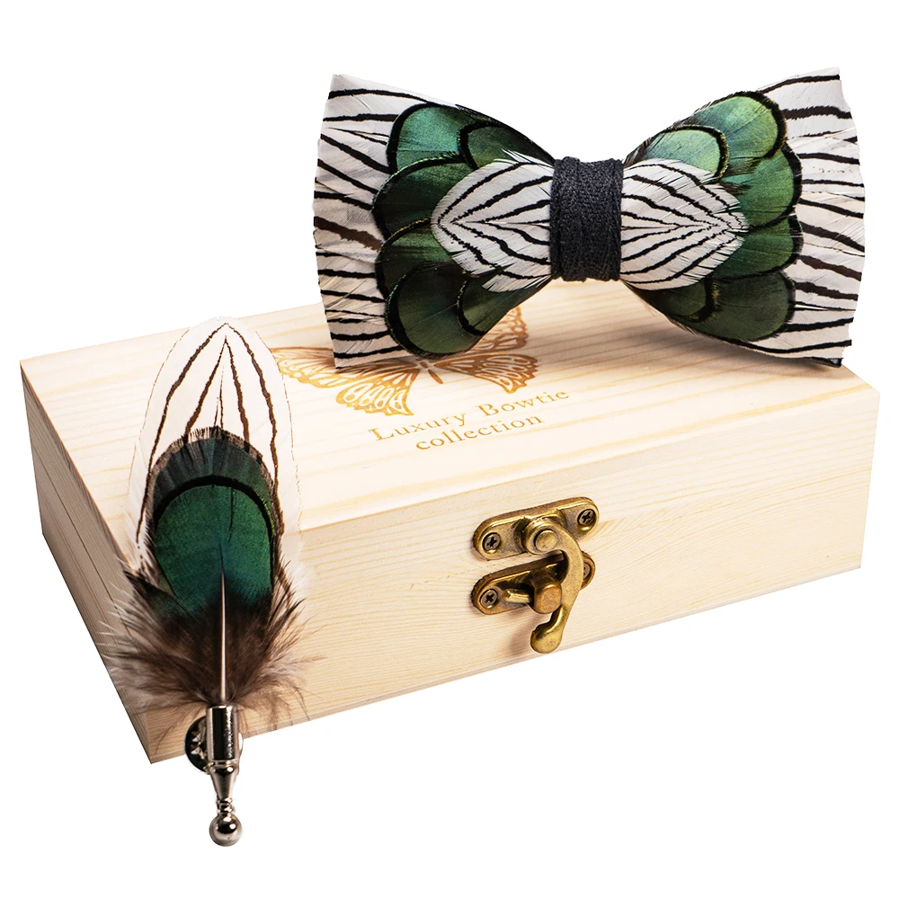 JEMYGINS Original New Design Bow Tie Natural Feather Exquisite Hand Made Men Luxury Bow Tie Wooden Gift Box Set Wedding Party