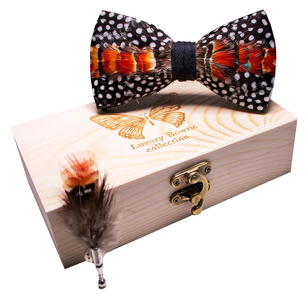 JEMYGINS Original New Design Bow Tie Natural Feather Exquisite Hand Made Men Luxury Bow Tie Wooden Gift Box Set Wedding Party