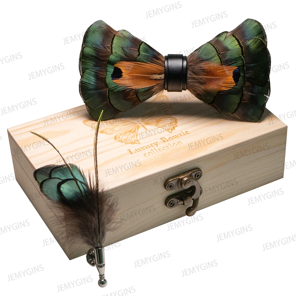 JEMYGINS Original New Design Bow Tie Natural Feather Exquisite Hand Made Men Luxury Bow Tie Wooden Gift Box Set Wedding Party