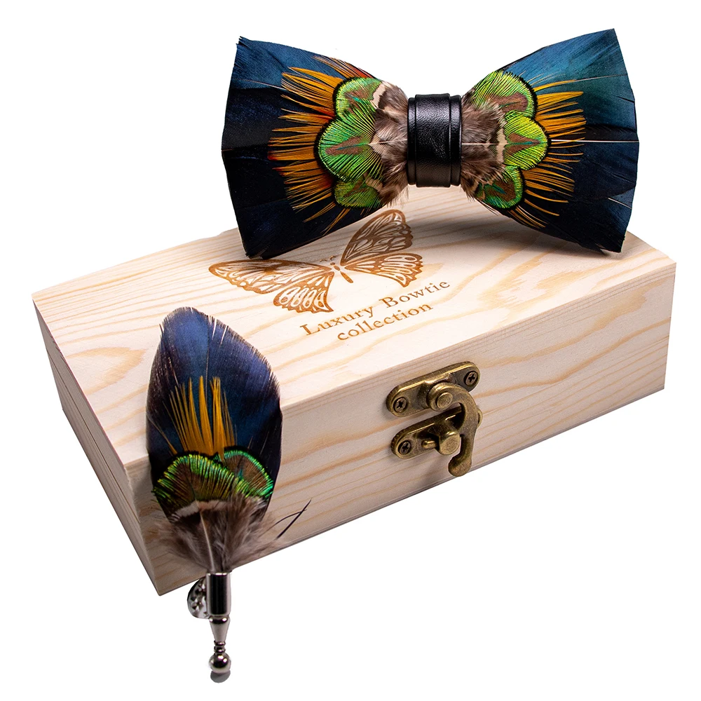 JEMYGINS Original New Design Bow Tie Natural Feather Exquisite Hand Made Men Luxury Bow Tie Wooden Gift Box Set Wedding Party