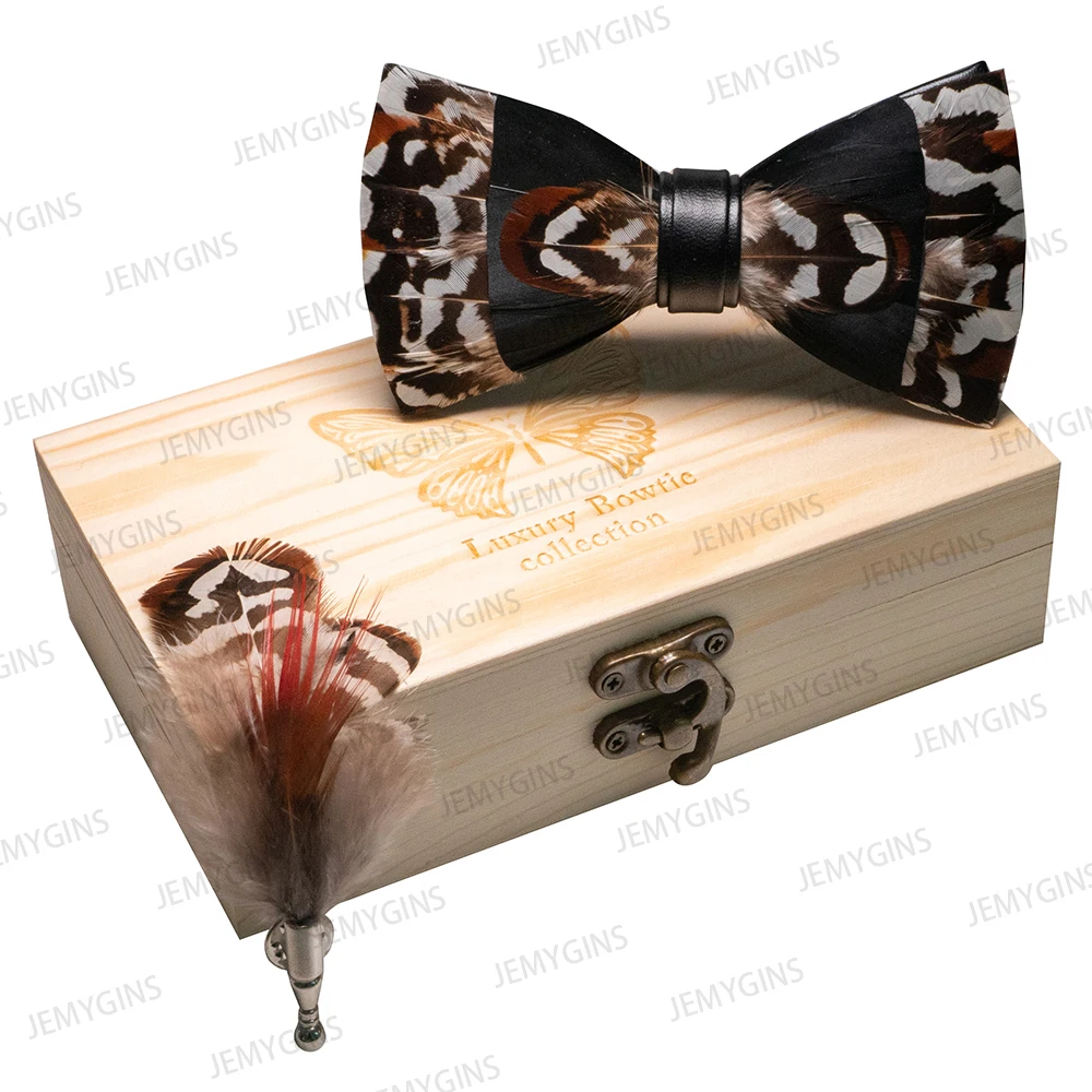 JEMYGINS Original New Design Bow Tie Natural Feather Exquisite Hand Made Men Luxury Bow Tie Wooden Gift Box Set Wedding Party