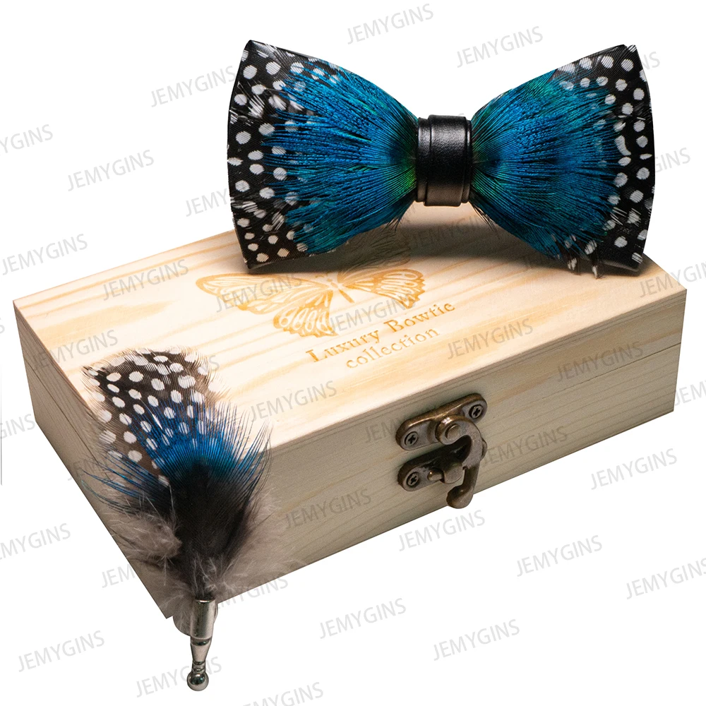 JEMYGINS Original New Design Bow Tie Natural Feather Exquisite Hand Made Men Luxury Bow Tie Wooden Gift Box Set Wedding Party