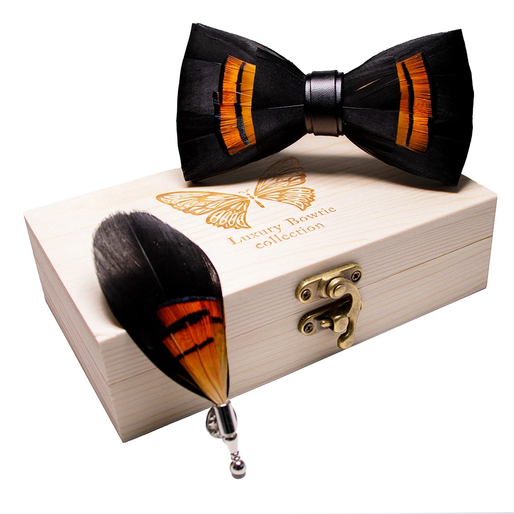 JEMYGINS Original New Design Bow Tie Natural Feather Exquisite Hand Made Men Luxury Bow Tie Wooden Gift Box Set Wedding Party