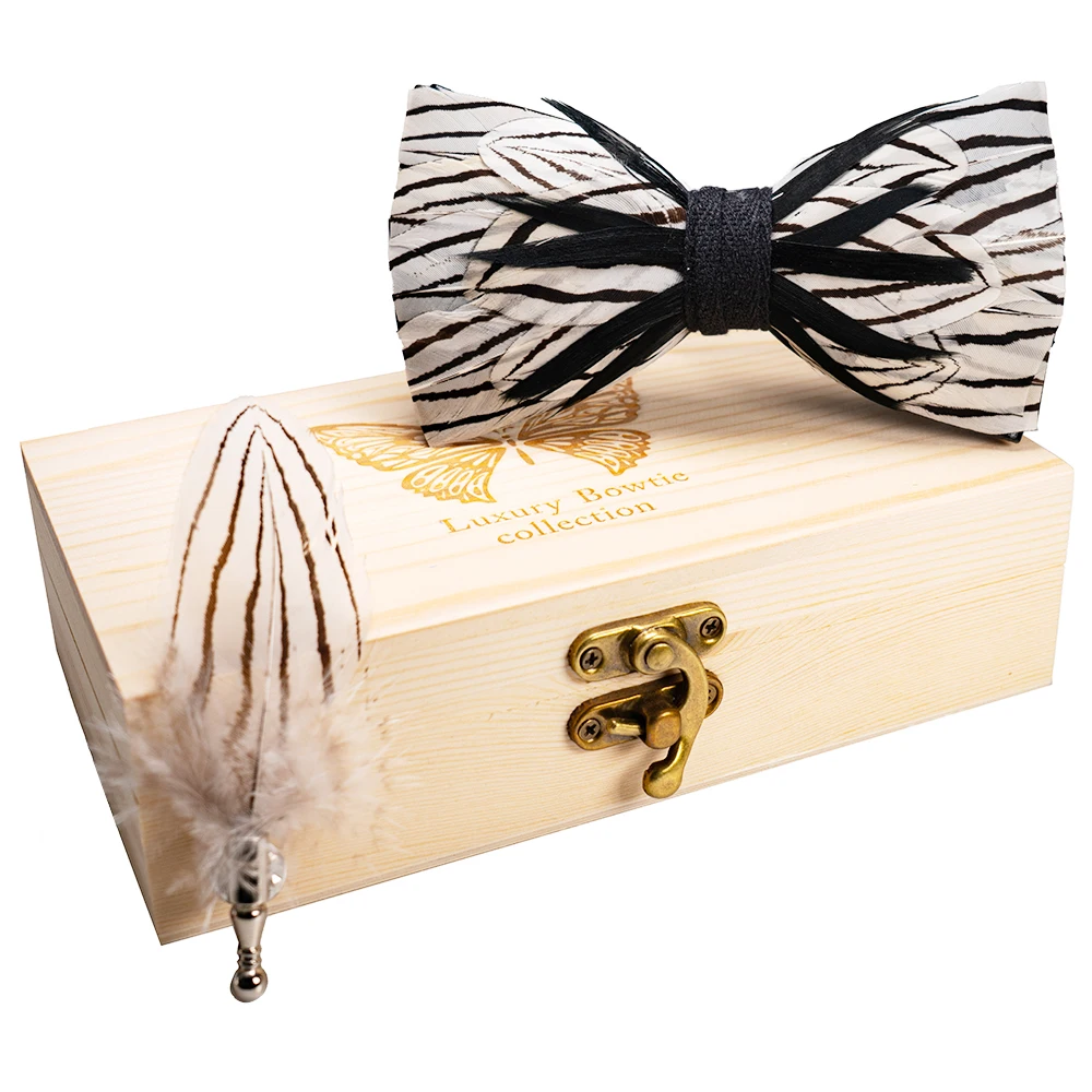 JEMYGINS Original New Design Bow Tie Natural Feather Exquisite Hand Made Men Luxury Bow Tie Wooden Gift Box Set Wedding Party