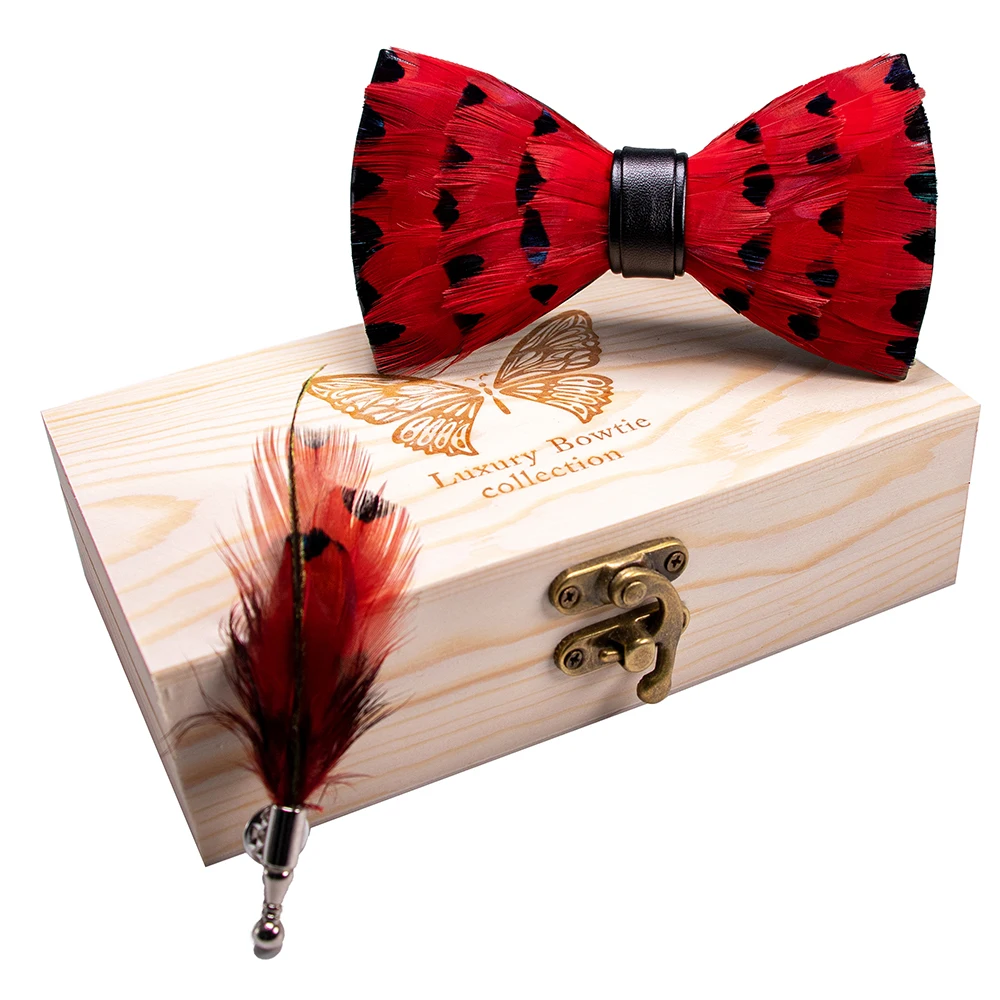 JEMYGINS Original New Design Bow Tie Natural Feather Exquisite Hand Made Men Luxury Bow Tie Wooden Gift Box Set Wedding Party
