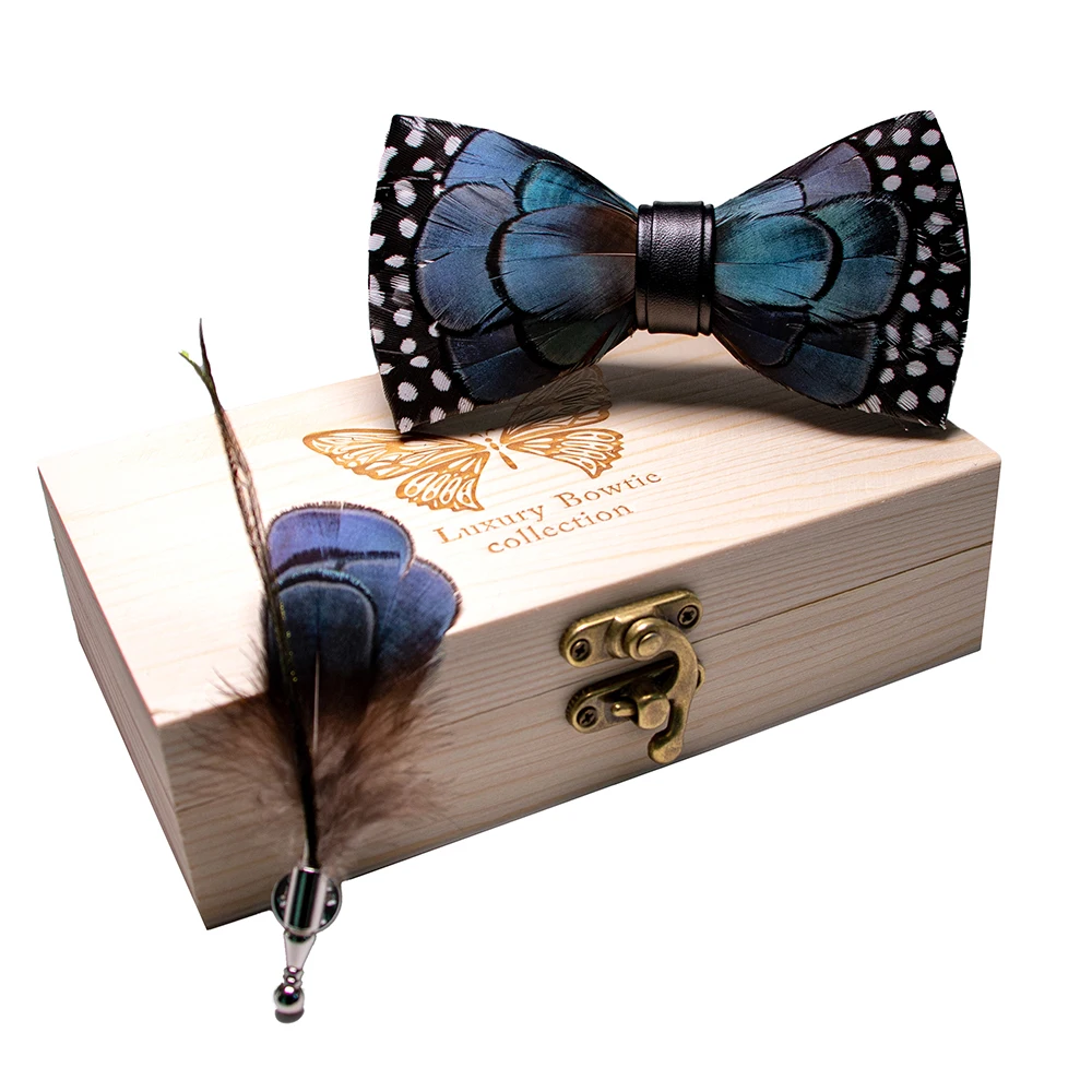 JEMYGINS Original New Design Bow Tie Natural Feather Exquisite Hand Made Men Luxury Bow Tie Wooden Gift Box Set Wedding Party
