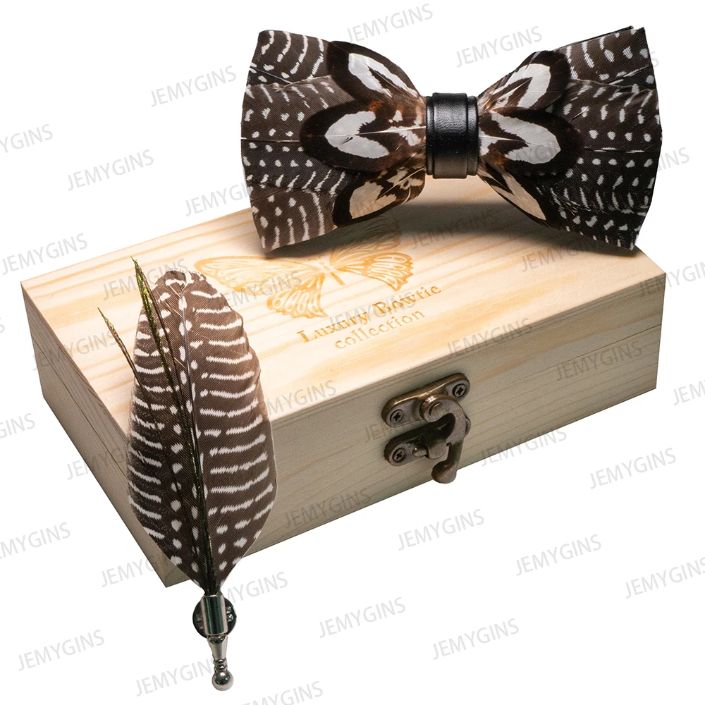 JEMYGINS Original New Design Bow Tie Natural Feather Exquisite Hand Made Men Luxury Bow Tie Wooden Gift Box Set Wedding Party