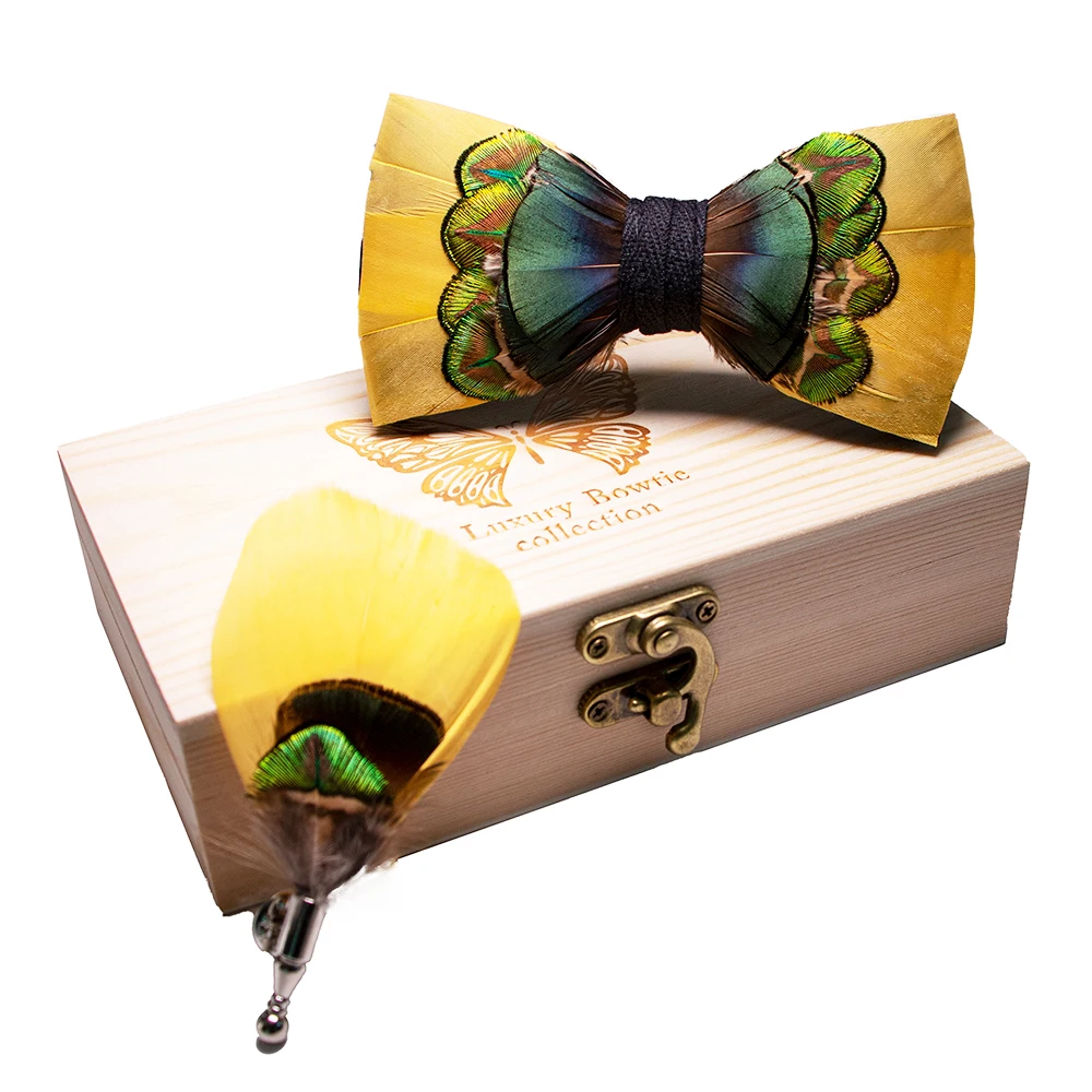 JEMYGINS Original New Design Bow Tie Natural Feather Exquisite Hand Made Men Luxury Bow Tie Wooden Gift Box Set Wedding Party