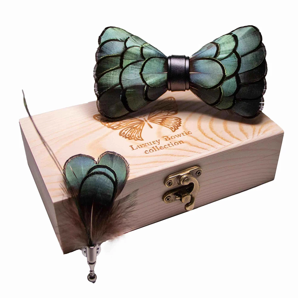 JEMYGINS Original New Design Bow Tie Natural Feather Exquisite Hand Made Men Luxury Bow Tie Wooden Gift Box Set Wedding Party