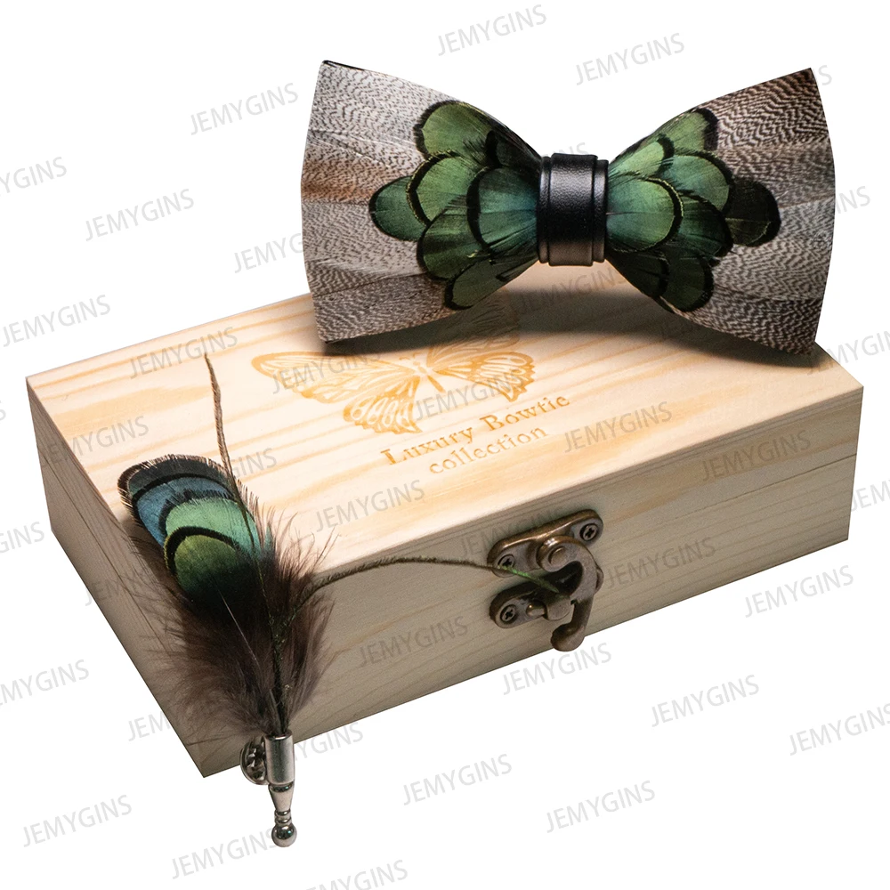 JEMYGINS Original New Design Bow Tie Natural Feather Exquisite Hand Made Men Luxury Bow Tie Wooden Gift Box Set Wedding Party