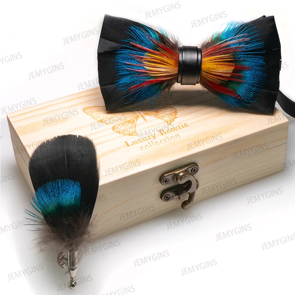 JEMYGINS Original New Design Bow Tie Natural Feather Exquisite Hand Made Men Luxury Bow Tie Wooden Gift Box Set Wedding Party