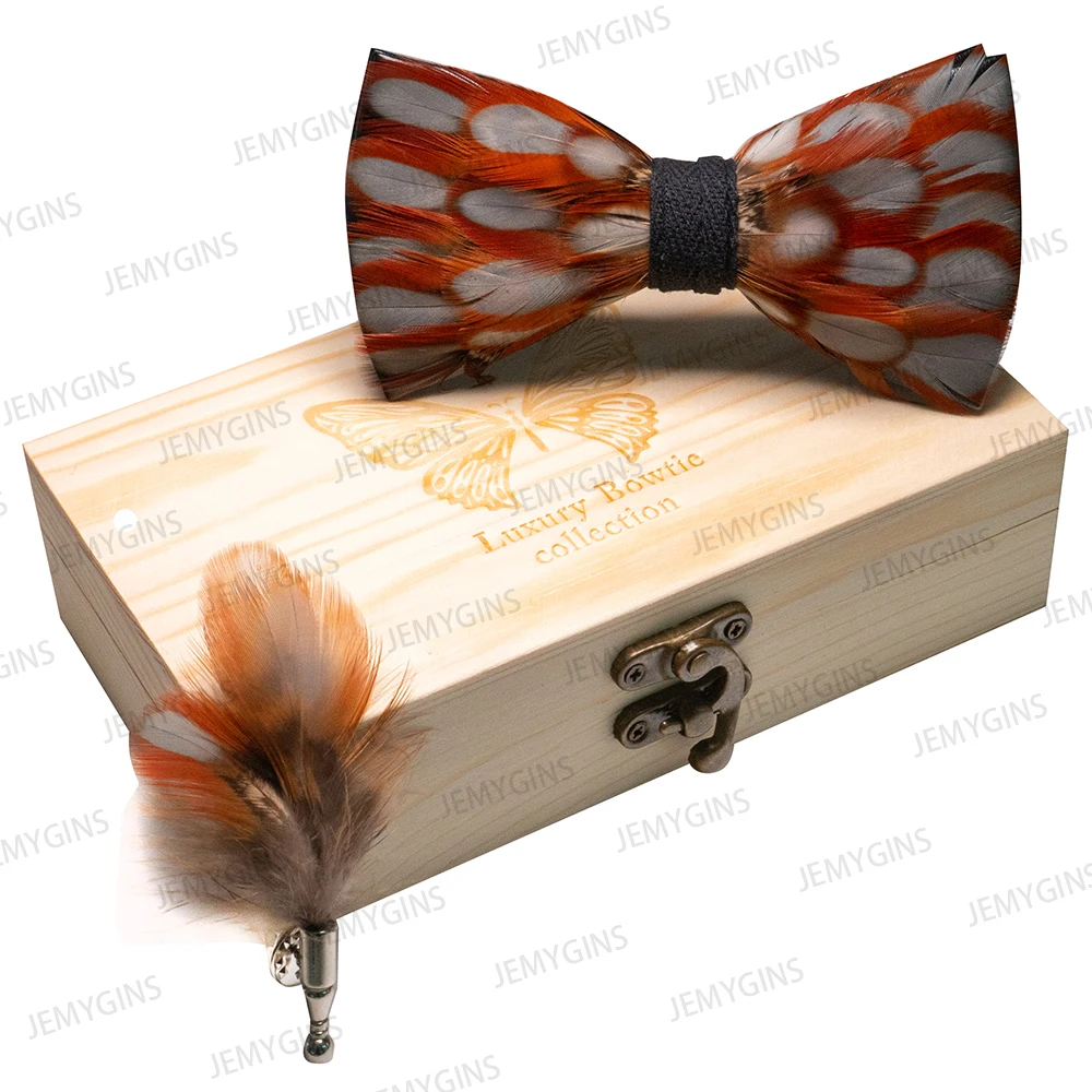 JEMYGINS Original New Design Bow Tie Natural Feather Exquisite Hand Made Men Luxury Bow Tie Wooden Gift Box Set Wedding Party