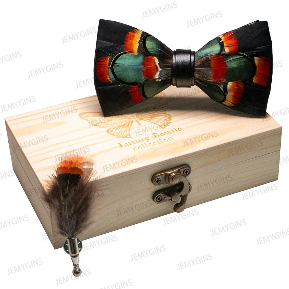 JEMYGINS Original New Design Bow Tie Natural Feather Exquisite Hand Made Men Luxury Bow Tie Wooden Gift Box Set Wedding Party