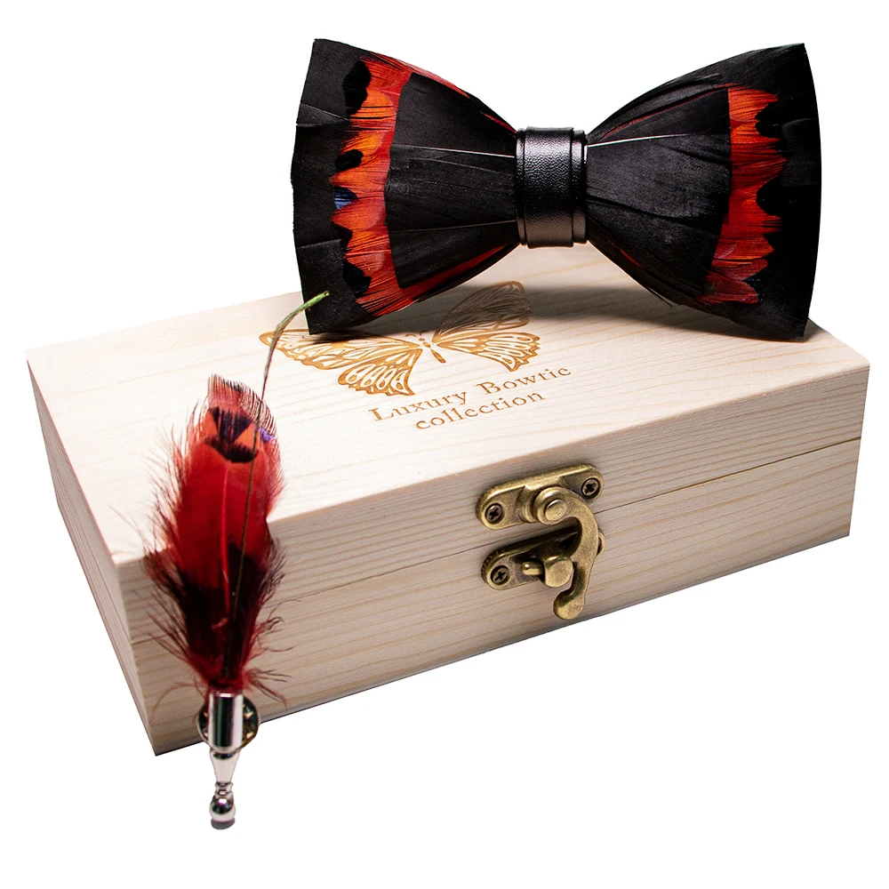 JEMYGINS Original New Design Bow Tie Natural Feather Exquisite Hand Made Men Luxury Bow Tie Wooden Gift Box Set Wedding Party