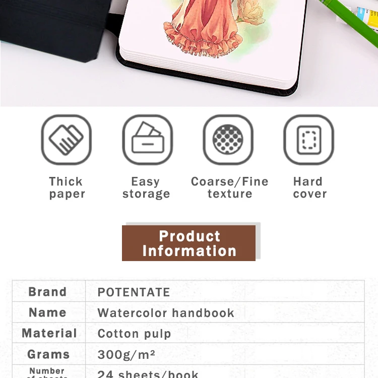 POTENTATE 300gsm 24 Sheets Watercolor Hand Account Book/Pad/Paper Sketch Notebook Water Color Handbook Art Drawing Book/Paper