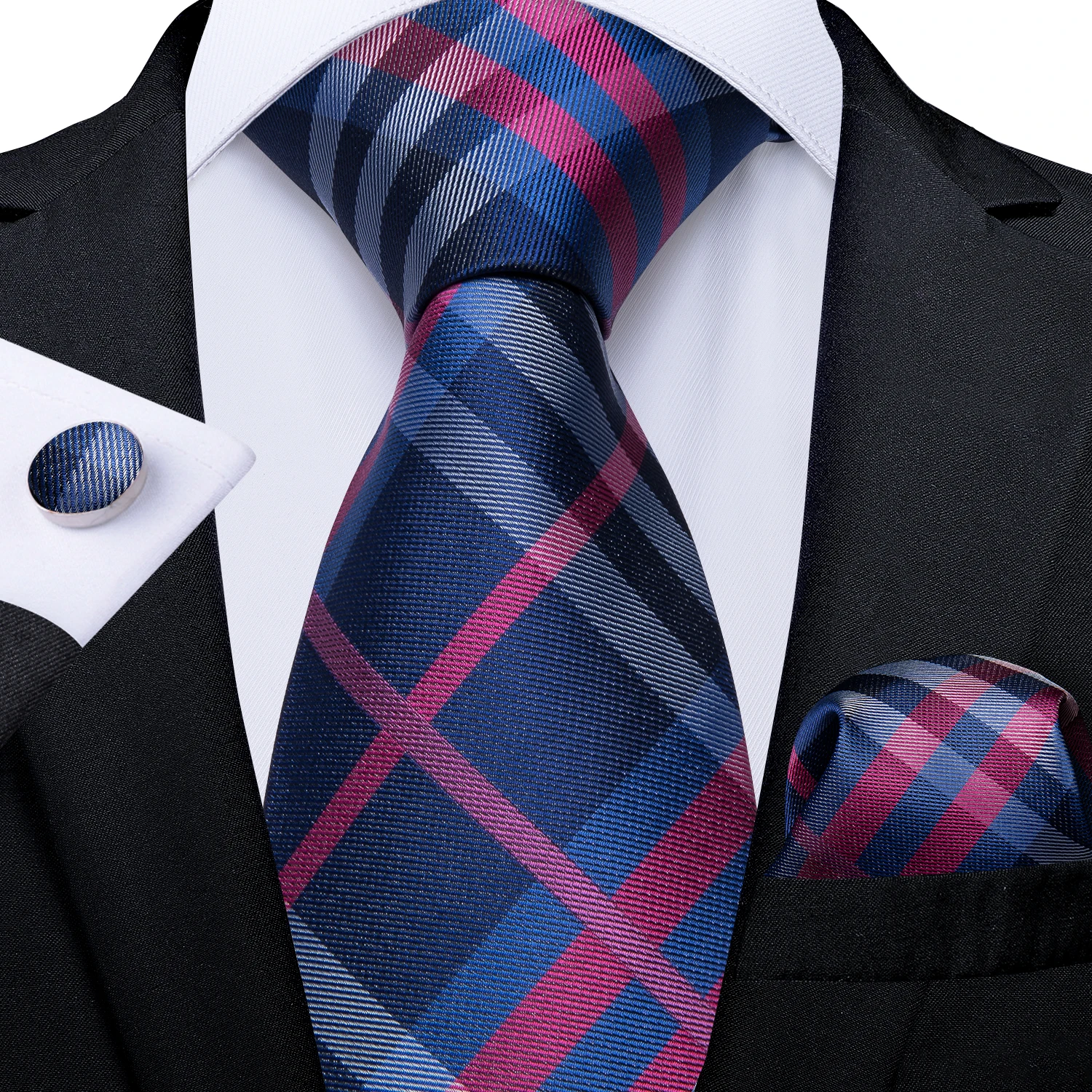 Plaid Men's Tie Set Yellow Purple Blue Necktie 8cm Business Wedding Tie Handkerchief Cufflinks Gift For Men