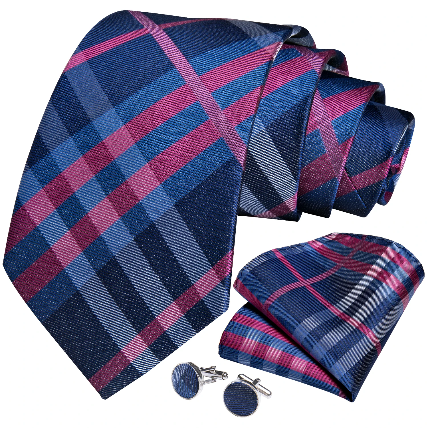 Plaid Men's Tie Set Yellow Purple Blue Necktie 8cm Business Wedding Tie Handkerchief Cufflinks Gift For Men