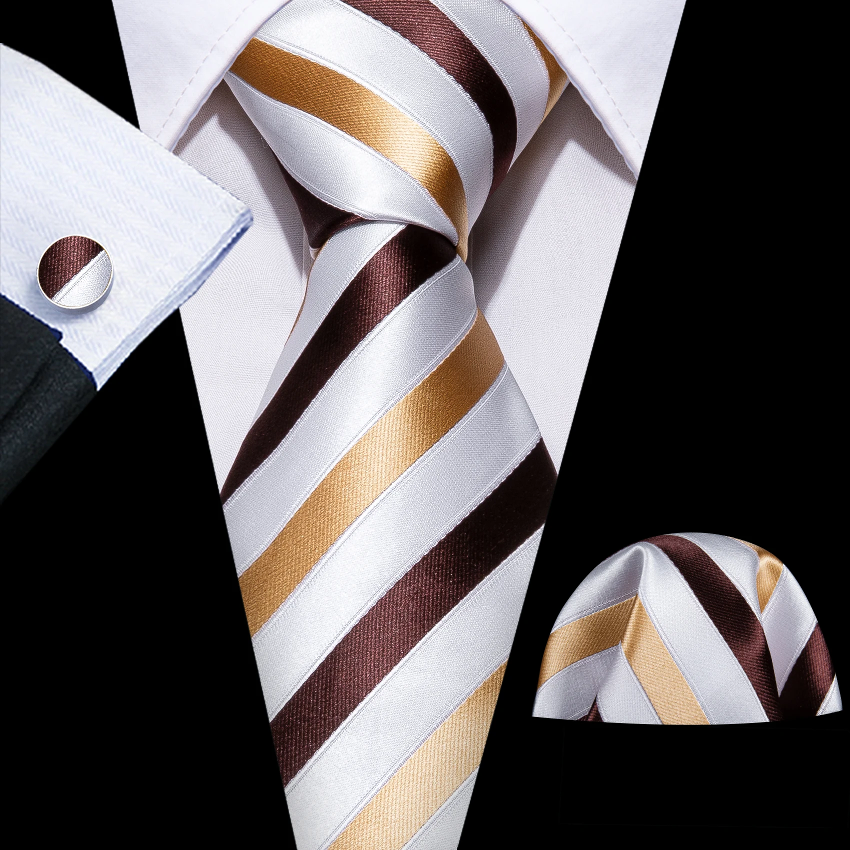 Fashion Khaki Striped Men Silk Necktie Fahsion Tie Handkerchief Cufflinks Sets Male Wedding Business Gift Barry.Wang Stylish