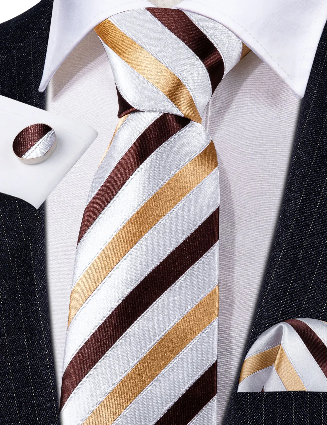 Fashion Khaki Striped Men Silk Necktie Fahsion Tie Handkerchief Cufflinks Sets Male Wedding Business Gift Barry.Wang Stylish