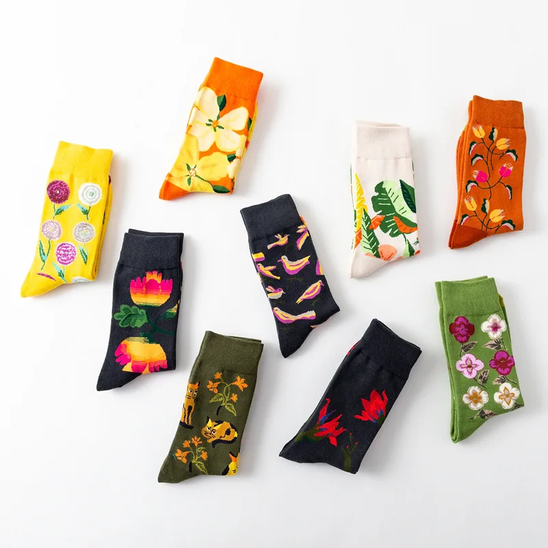 1 Pair Women Socks Cartoon Art Octopus Flower Plant Kawaii Funny Casual Female Cotton Sock Hosiery Streetwear Harajuku Crew Sox