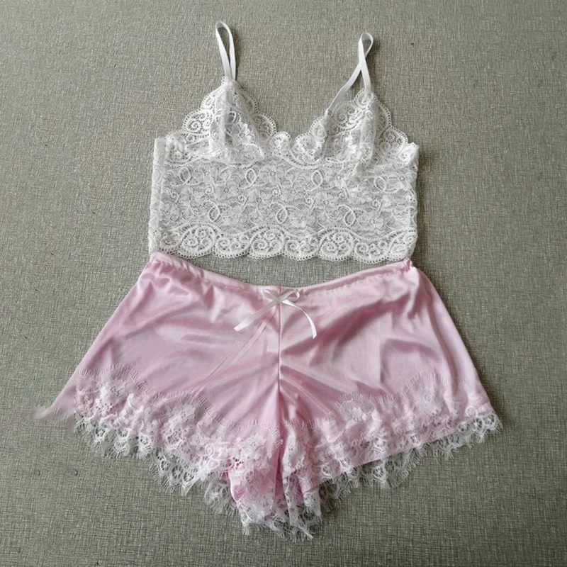 Womens Sexy Lace Sleepwear Lace Nachtkleding Lingerie Sleeveless V-Neck Babydoll Pajamas Set Lingerie Tops Shorts Set Nightwear
