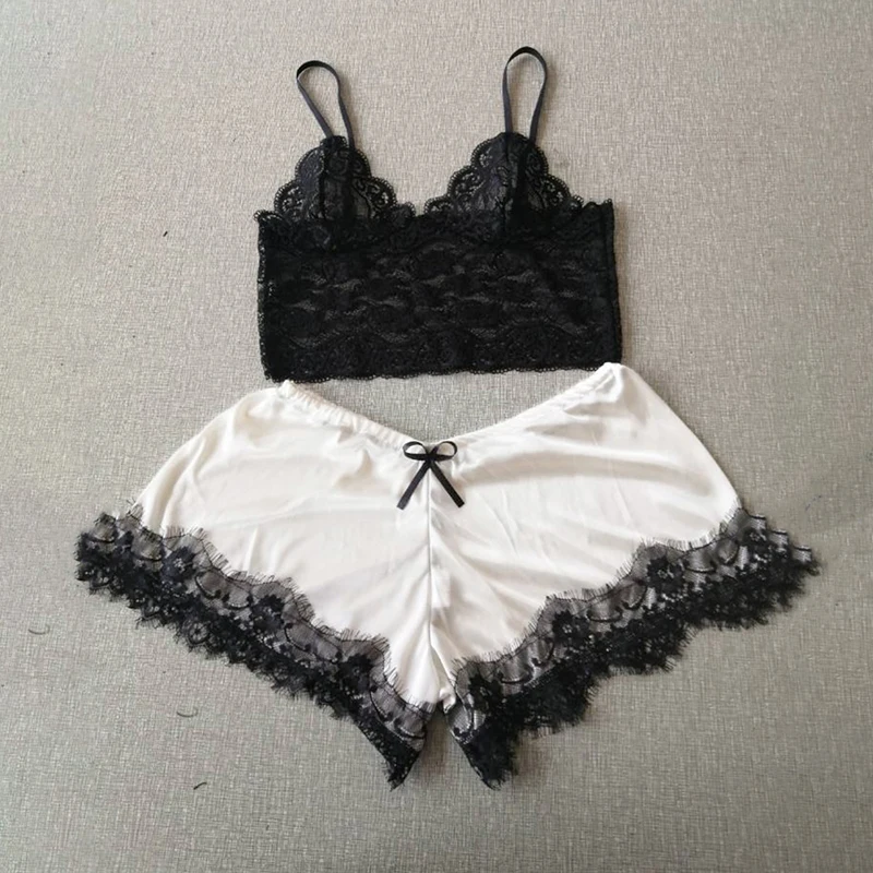 Womens Sexy Lace Sleepwear Lace Nachtkleding Lingerie Sleeveless V-Neck Babydoll Pajamas Set Lingerie Tops Shorts Set Nightwear