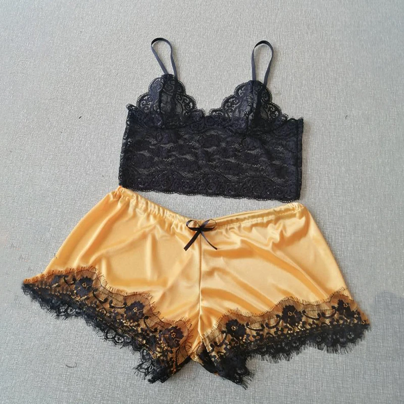 Womens Sexy Lace Sleepwear Lace Nachtkleding Lingerie Sleeveless V-Neck Babydoll Pajamas Set Lingerie Tops Shorts Set Nightwear