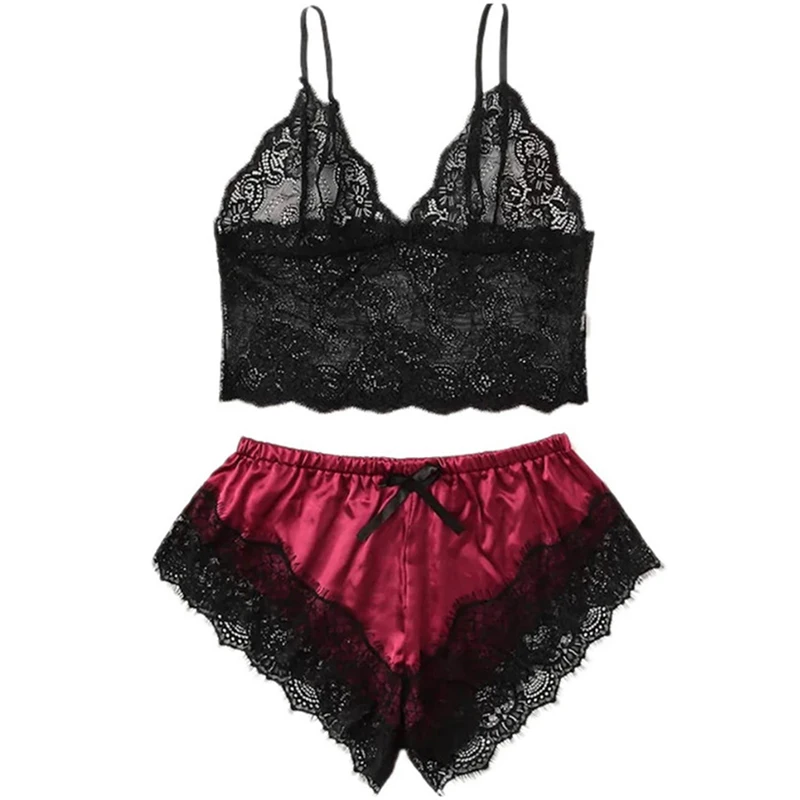 Womens Sexy Lace Sleepwear Lace Nachtkleding Lingerie Sleeveless V-Neck Babydoll Pajamas Set Lingerie Tops Shorts Set Nightwear