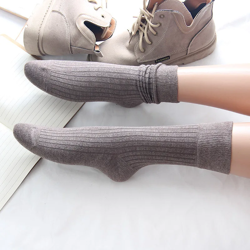 Japanese Korean Fashion High School Girls High Socks Solid Color White Khaki Beige Loose Socks Cotton Knitting Women Long Socks