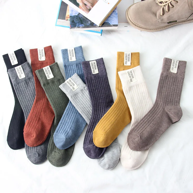 Japanese Korean Fashion High School Girls High Socks Solid Color White Khaki Beige Loose Socks Cotton Knitting Women Long Socks
