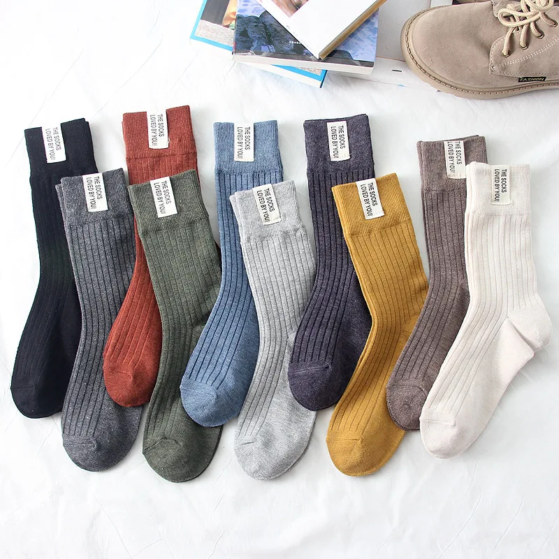 Japanese Korean Fashion High School Girls High Socks Solid Color White Khaki Beige Loose Socks Cotton Knitting Women Long Socks