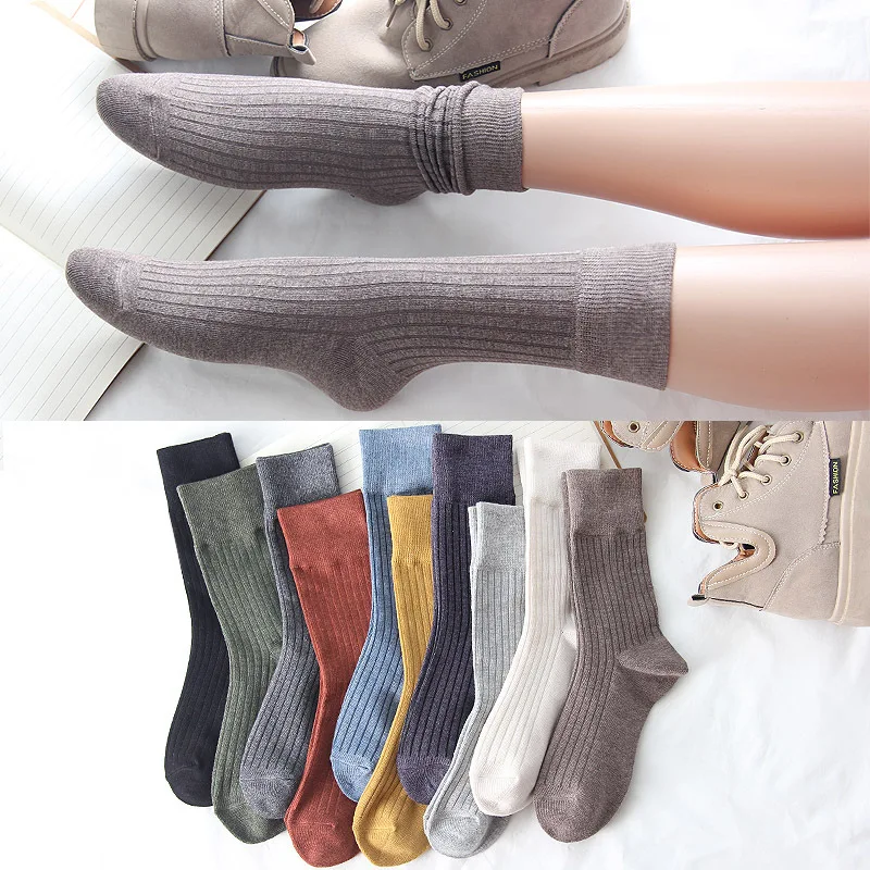 Japanese Korean Fashion High School Girls High Socks Solid Color White Khaki Beige Loose Socks Cotton Knitting Women Long Socks