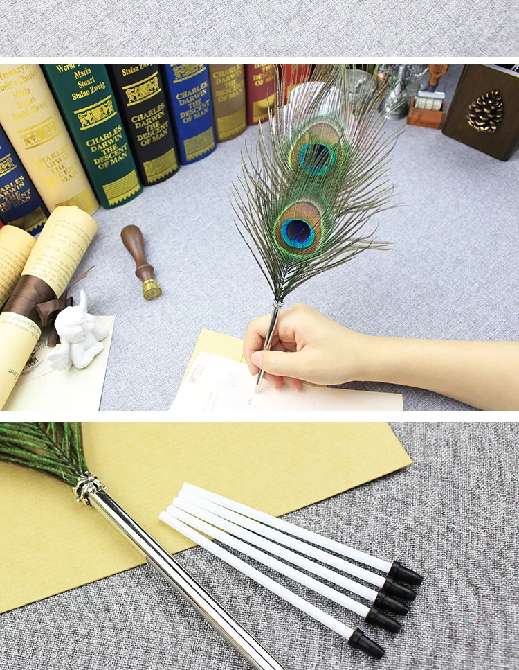 Black Ink Peacock Feather Quill Ballpoint Pen 1 Pack 5 Refills Wedding Gifts Stationery School Office Supplies