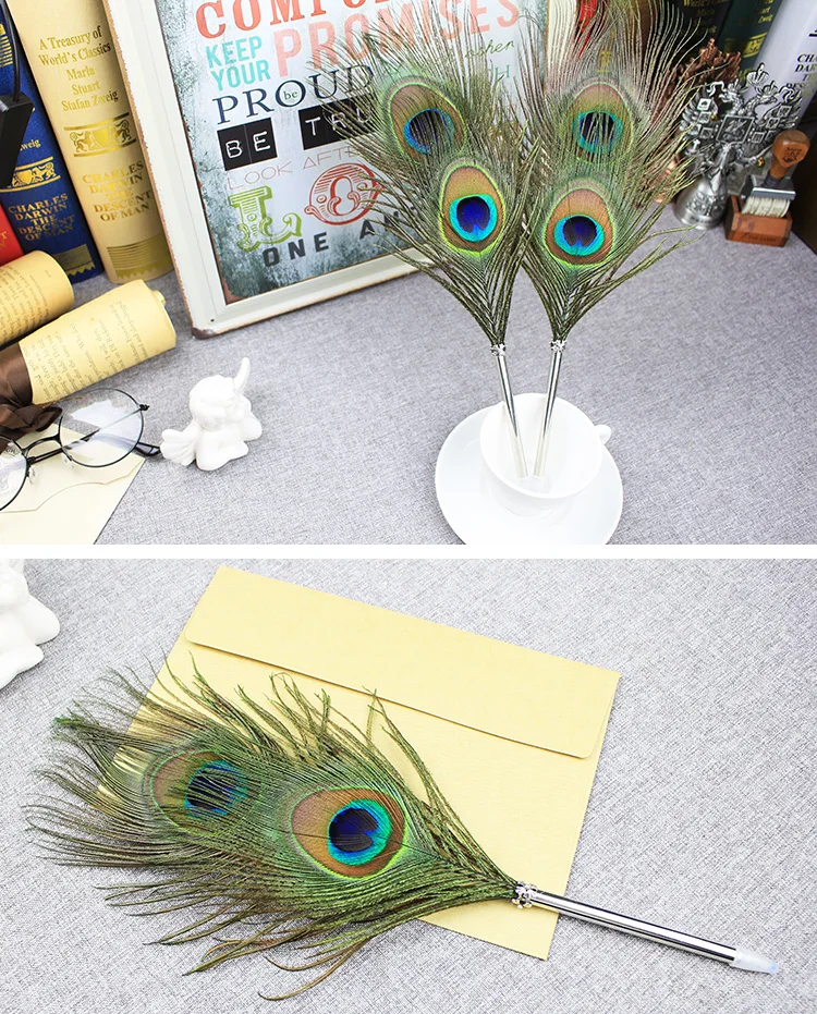 Black Ink Peacock Feather Quill Ballpoint Pen 1 Pack 5 Refills Wedding Gifts Stationery School Office Supplies