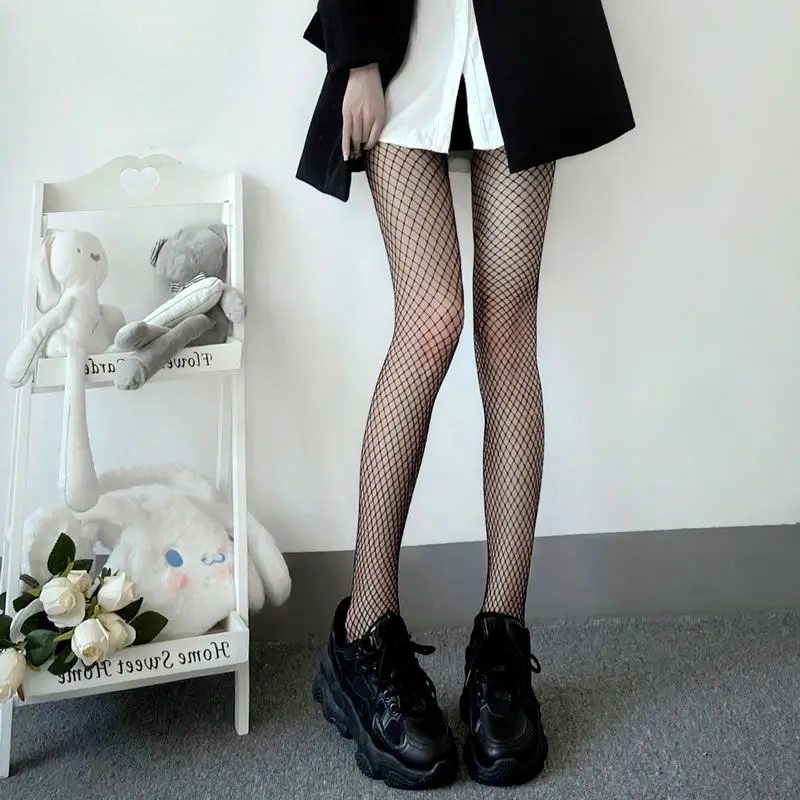 Black Medium Grid Sexy Women High Waist Stocking Fishnet Club Tights Knitting Net Pantyhose Mesh Anime Lolita JK Cosplay Costume