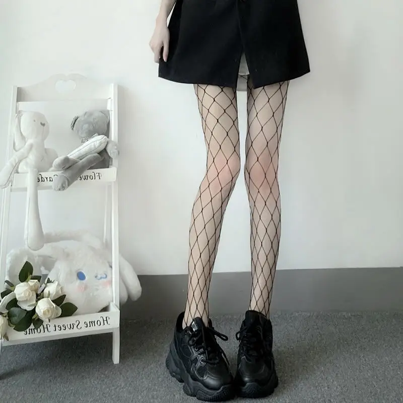 Black Medium Grid Sexy Women High Waist Stocking Fishnet Club Tights Knitting Net Pantyhose Mesh Anime Lolita JK Cosplay Costume