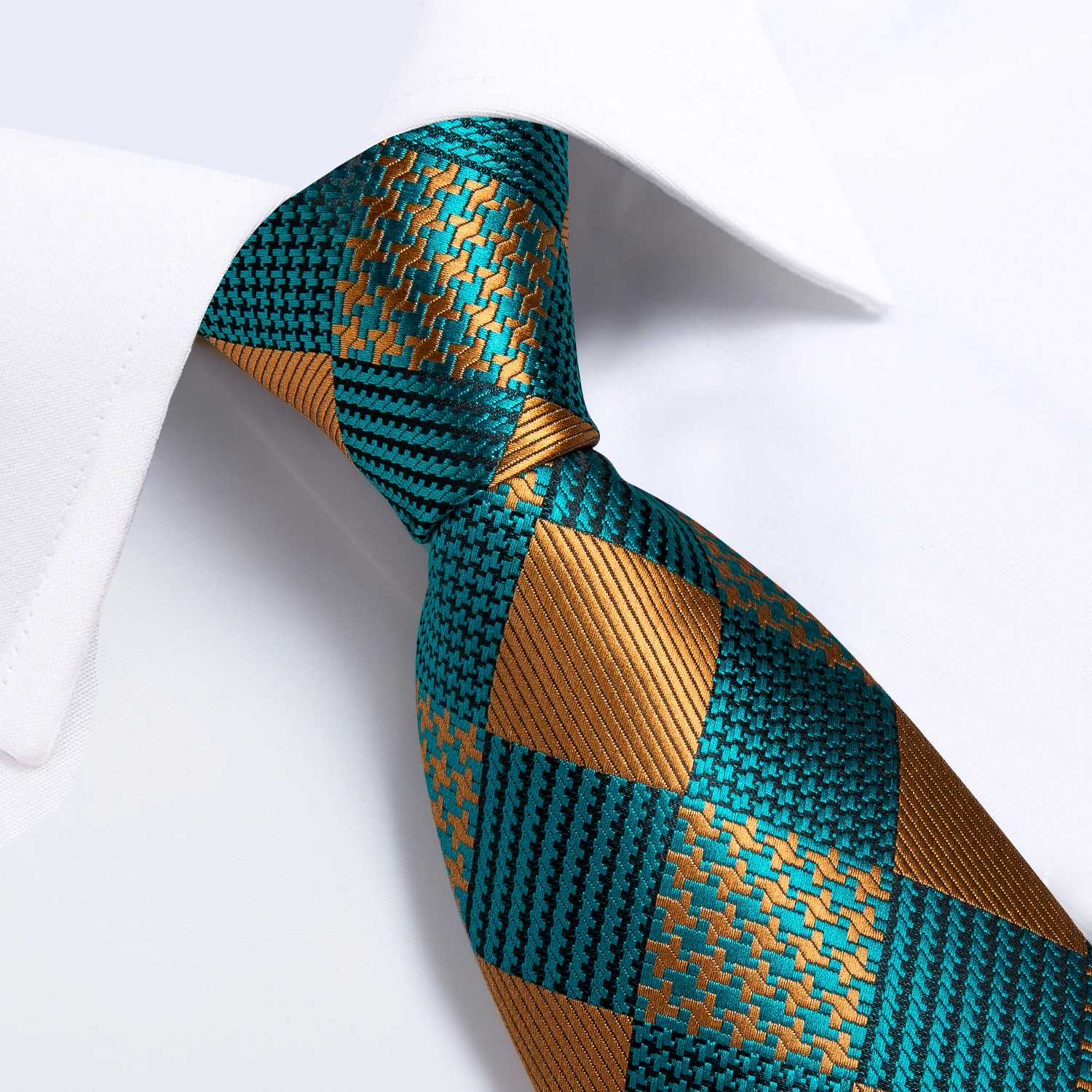 Teal Green Orange Plaid Ties For Men 8cm Width Business Wedding Party Men's Neck Tie Handkerchief Cufflinks Tie Ring Brooch
