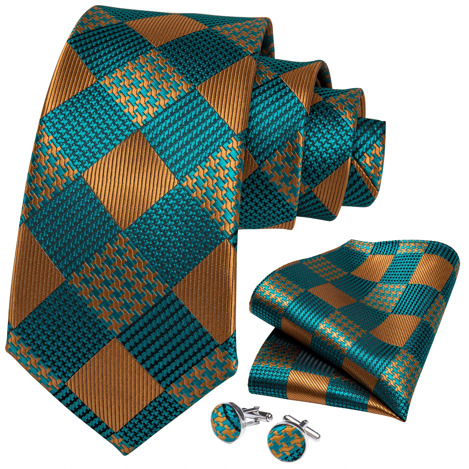 Teal Green Orange Plaid Ties For Men 8cm Width Business Wedding Party Men's Neck Tie Handkerchief Cufflinks Tie Ring Brooch