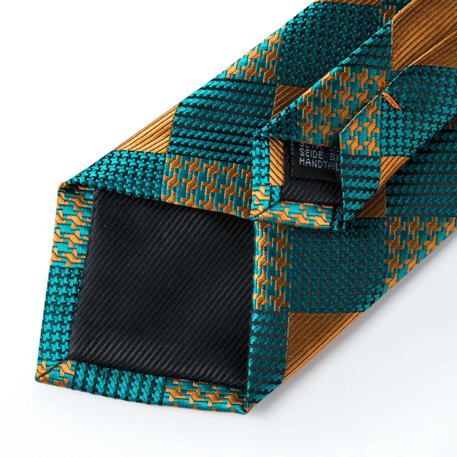 Teal Green Orange Plaid Ties For Men 8cm Width Business Wedding Party Men's Neck Tie Handkerchief Cufflinks Tie Ring Brooch