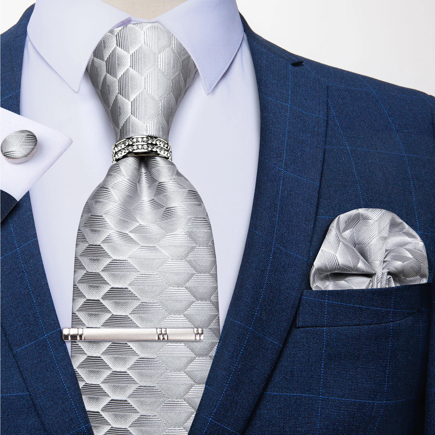 New Fashion Men's Ties Silver Floral 8cm Neck Tie Business Wedding Party Gravata Ting Ring Clip Cravat Gift For Men DiBanGu
