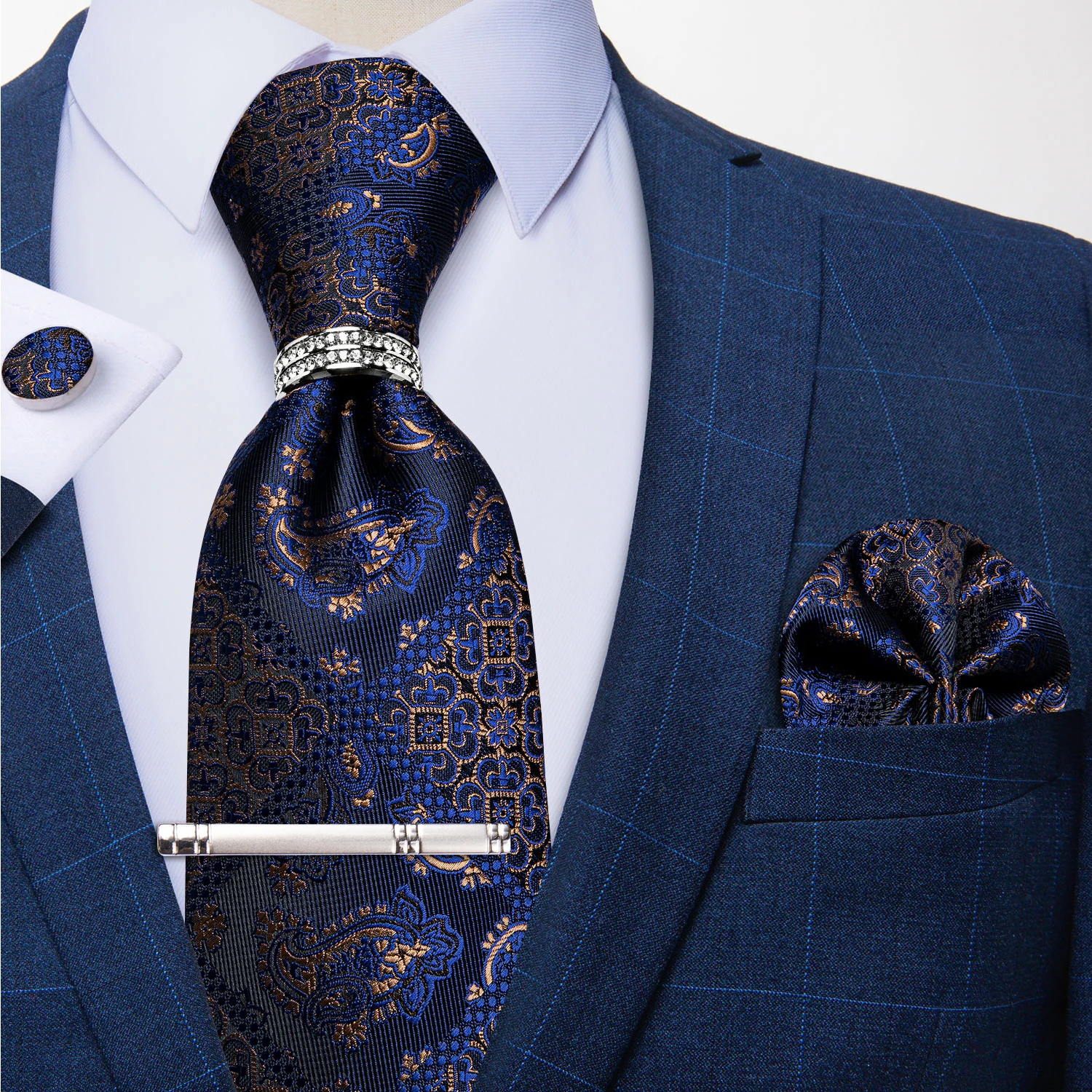 New Fashion Men's Ties Silver Floral 8cm Neck Tie Business Wedding Party Gravata Ting Ring Clip Cravat Gift For Men DiBanGu