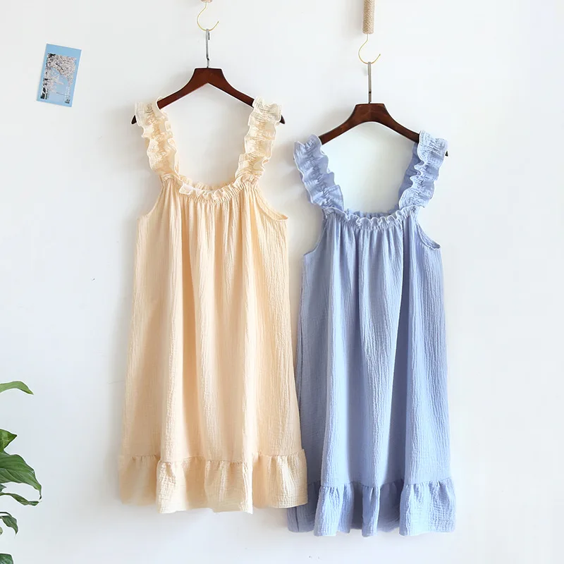 2026 Summer New Style Nightdress Ladies 100% Cotton Crepe Thin Vest Suspender Skirt Loose Long Skirt Sweet And Cute Home Skirt