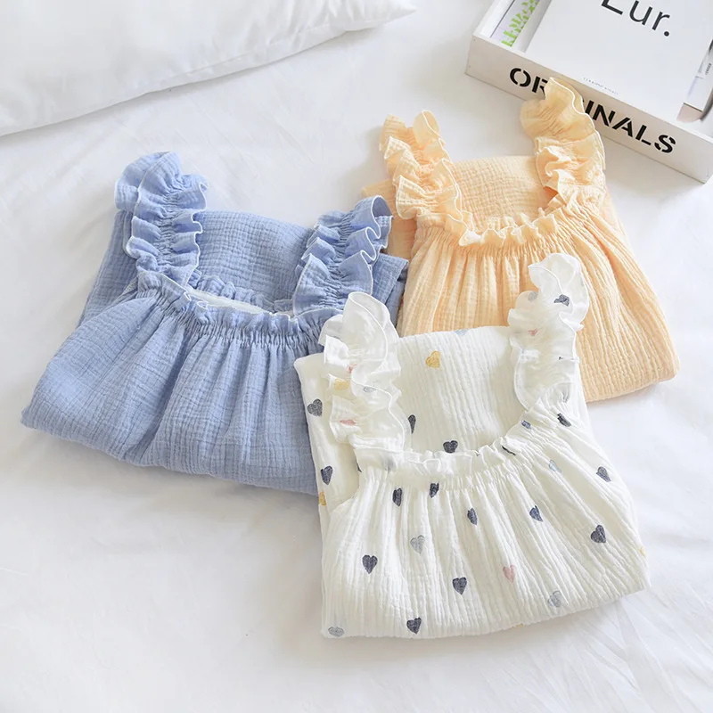 2026 Summer New Style Nightdress Ladies 100% Cotton Crepe Thin Vest Suspender Skirt Loose Long Skirt Sweet And Cute Home Skirt