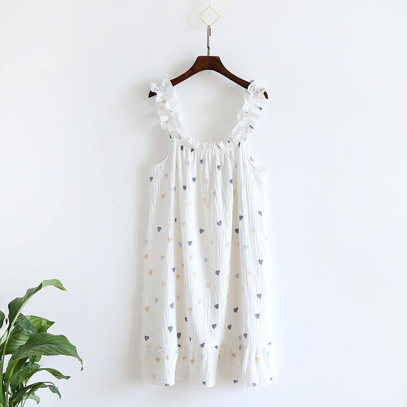 2026 Summer New Style Nightdress Ladies 100% Cotton Crepe Thin Vest Suspender Skirt Loose Long Skirt Sweet And Cute Home Skirt