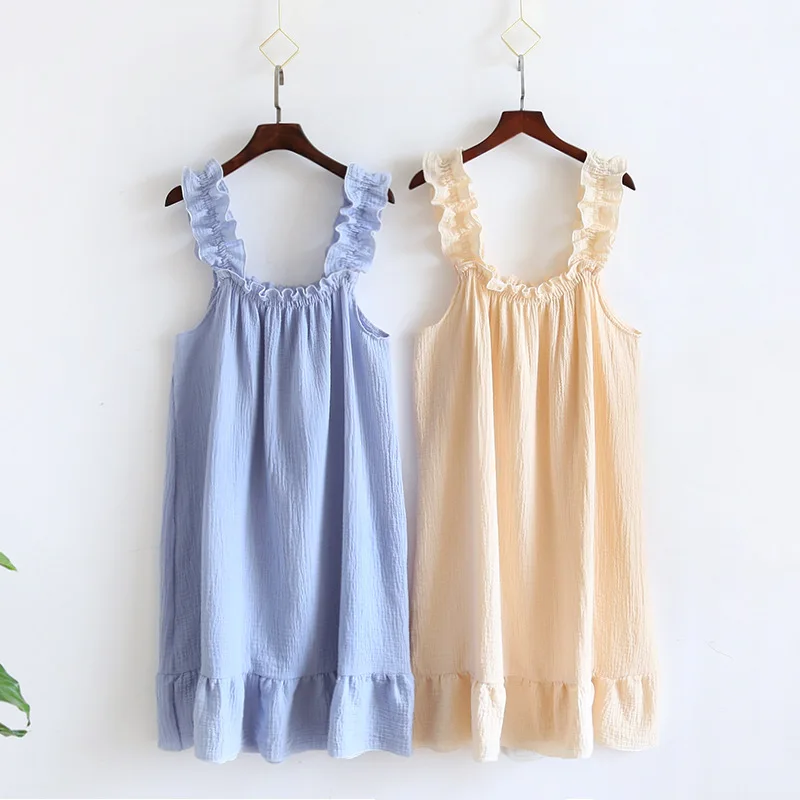 2026 Summer New Style Nightdress Ladies 100% Cotton Crepe Thin Vest Suspender Skirt Loose Long Skirt Sweet And Cute Home Skirt