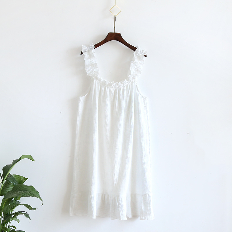 2026 Summer New Style Nightdress Ladies 100% Cotton Crepe Thin Vest Suspender Skirt Loose Long Skirt Sweet And Cute Home Skirt