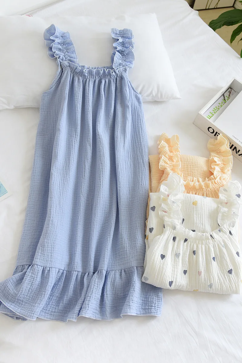 2026 Summer New Style Nightdress Ladies 100% Cotton Crepe Thin Vest Suspender Skirt Loose Long Skirt Sweet And Cute Home Skirt