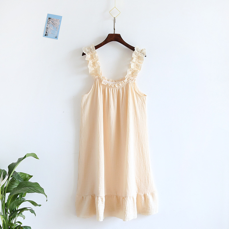 2026 Summer New Style Nightdress Ladies 100% Cotton Crepe Thin Vest Suspender Skirt Loose Long Skirt Sweet And Cute Home Skirt