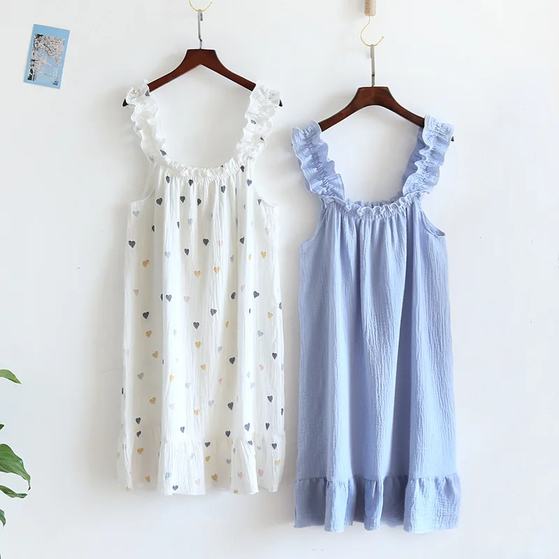 2026 Summer New Style Nightdress Ladies 100% Cotton Crepe Thin Vest Suspender Skirt Loose Long Skirt Sweet And Cute Home Skirt